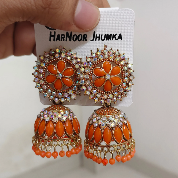 Trendy Orange Stone Floral Jhumka Earrings for Women & Girls