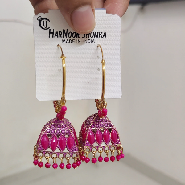 Pink Stone Traditional Jhumka Earrings for Women & Girls
