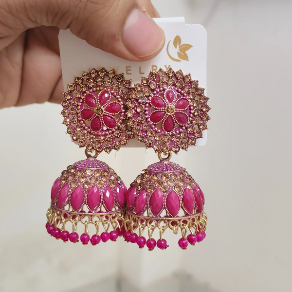 Elegant Pink Stone Floral Jhumka Earrings for Women & Girls